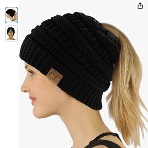 C.C Exclusives Soft Stretch Cable Knit Messy Bun Ponytail Women's Beanie Winter